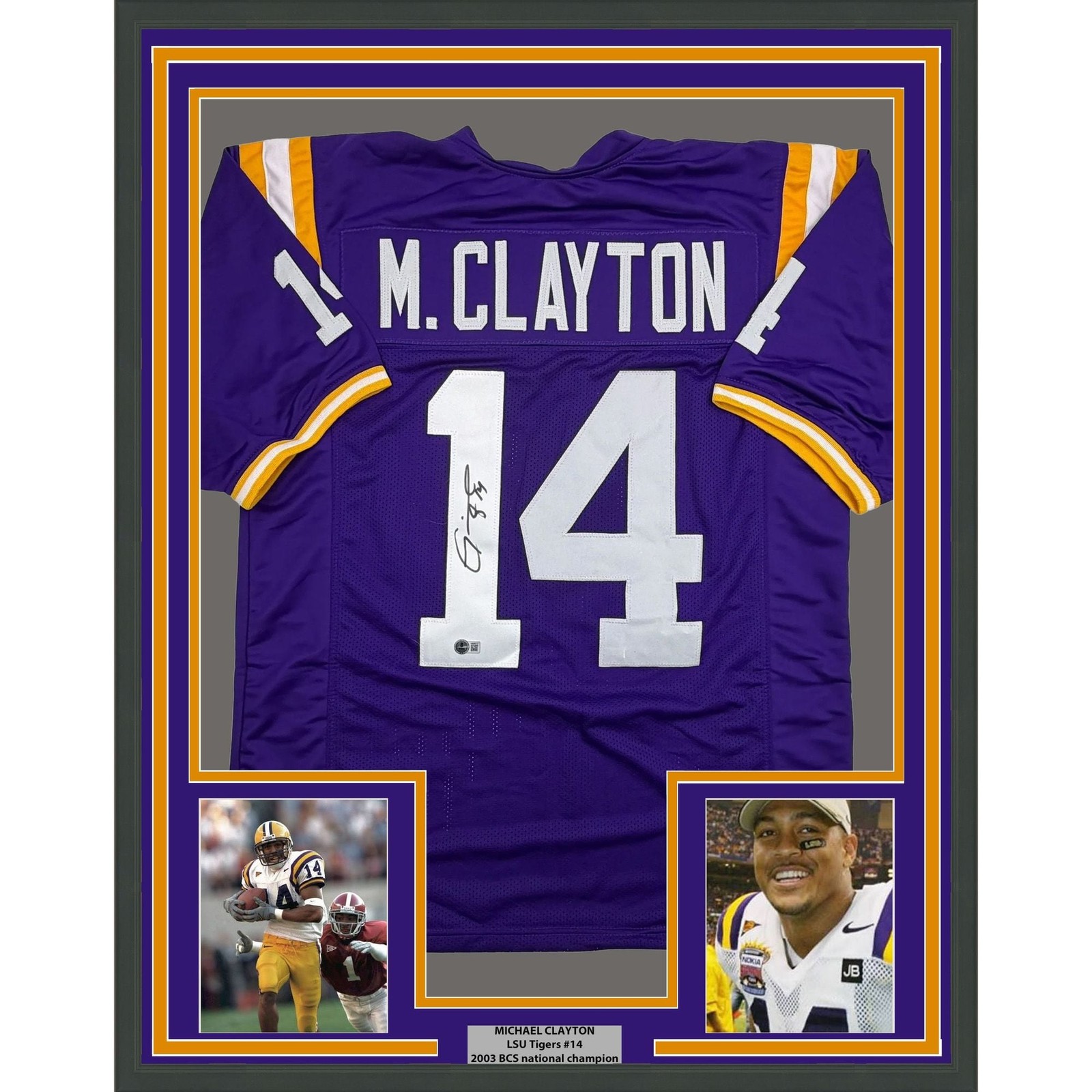 Framed Autographed/Signed Michael Clayton LSU 35x39 Purple Jersey JSA COA