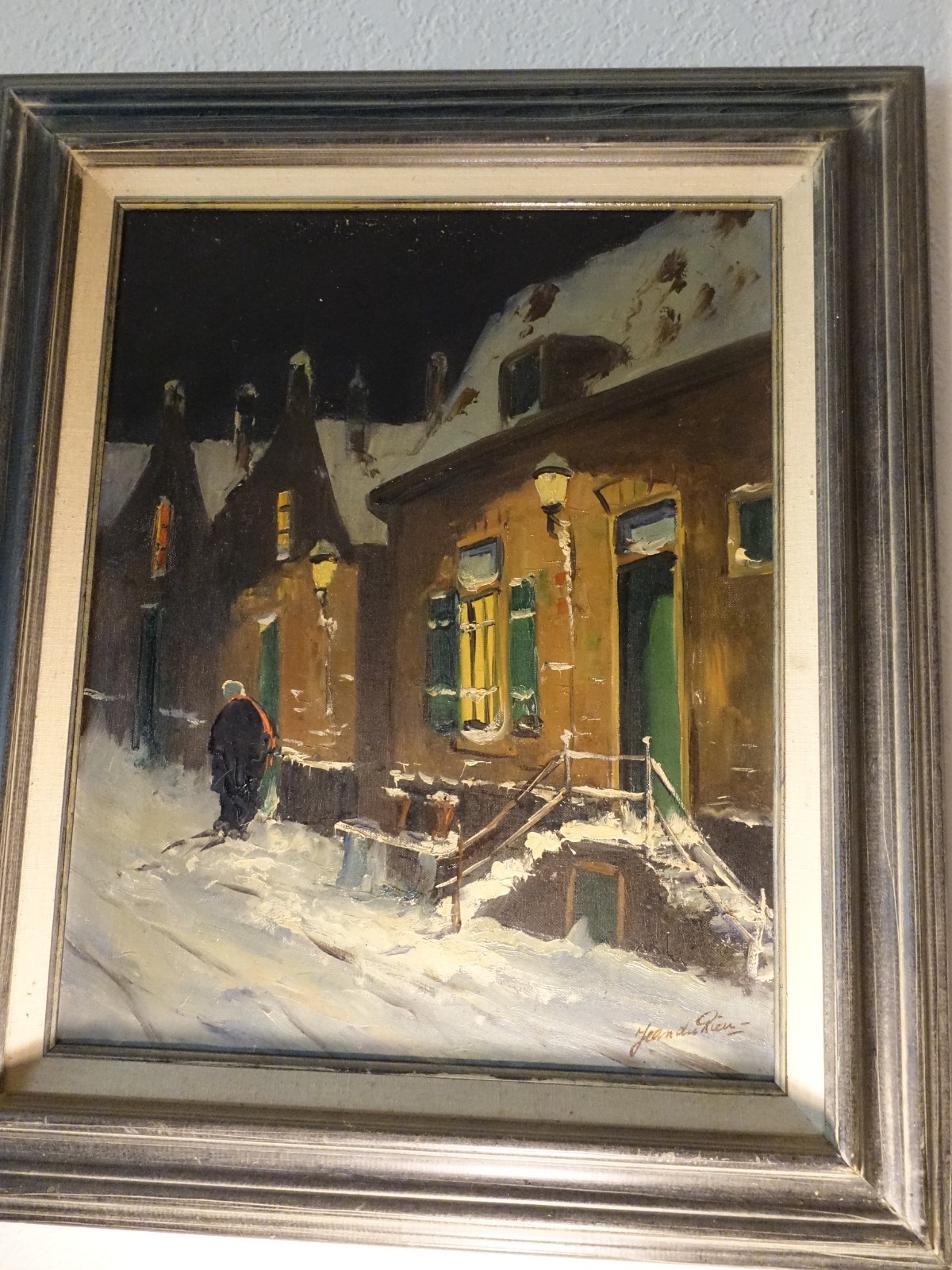 French Oil Painting of a lady stroling at night,snowing, under lamplight.