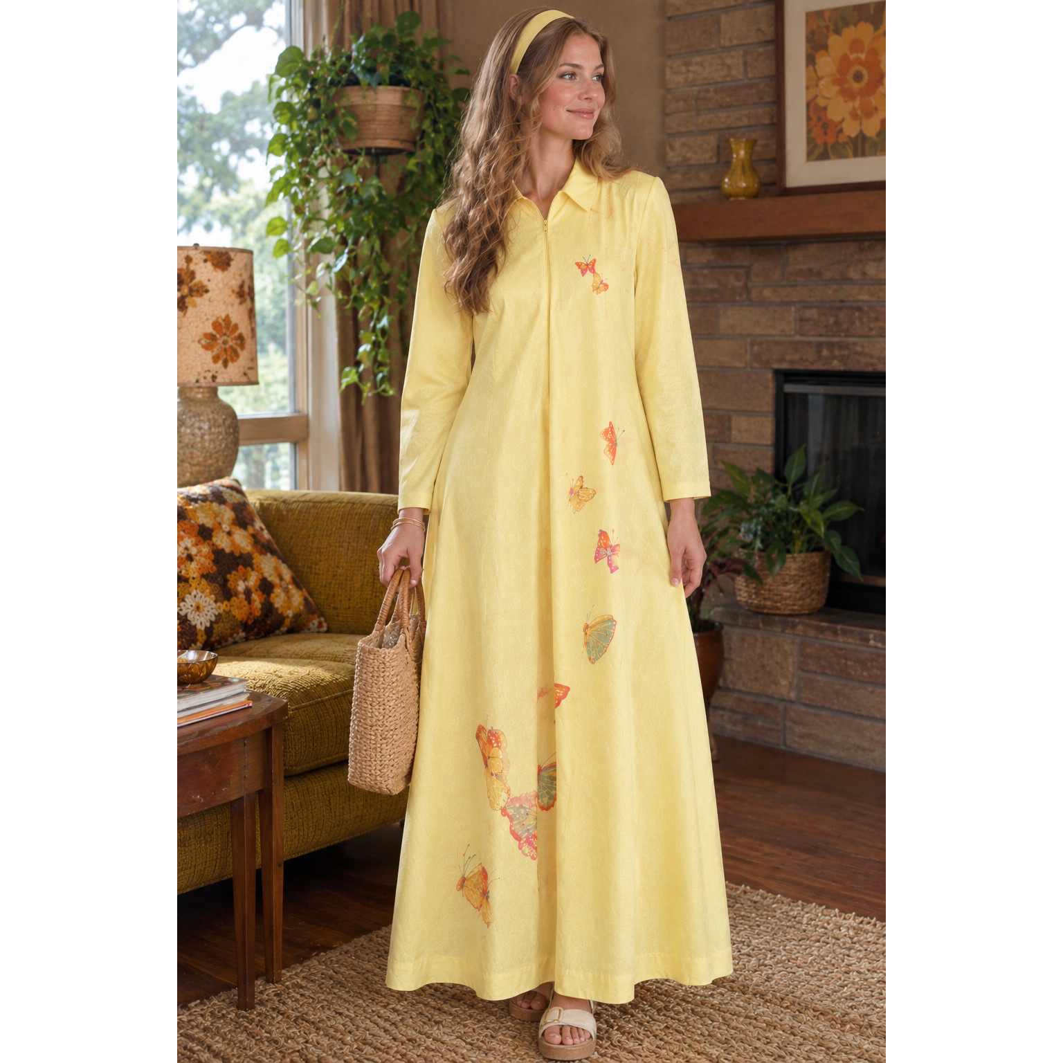 VINTAGE 70S KAYSER QAYONARA BUTTERFLY LOUNGER ZIP FRONT MAXI ROBE DRESS Size 6/8