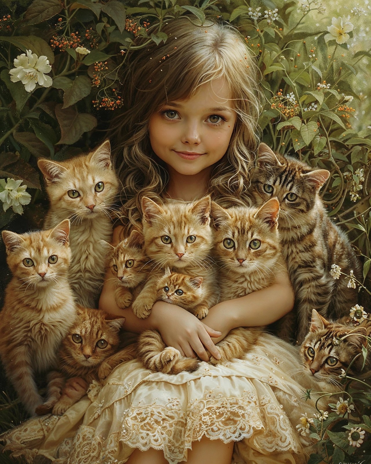 Blonde Girl Cuddling Orange Tabby Kittens in Flower Garden Print - 21700785