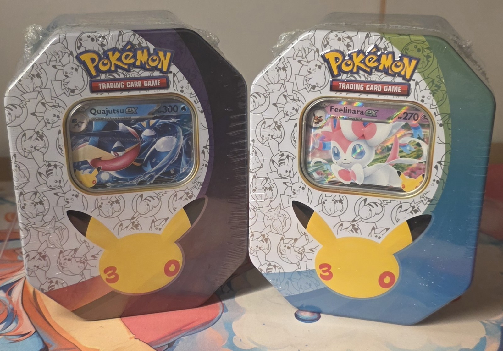 2x Pokemon 30th Anniversary Tin Box Feelinara-Ex & Quajutsu-Ex Sealed German