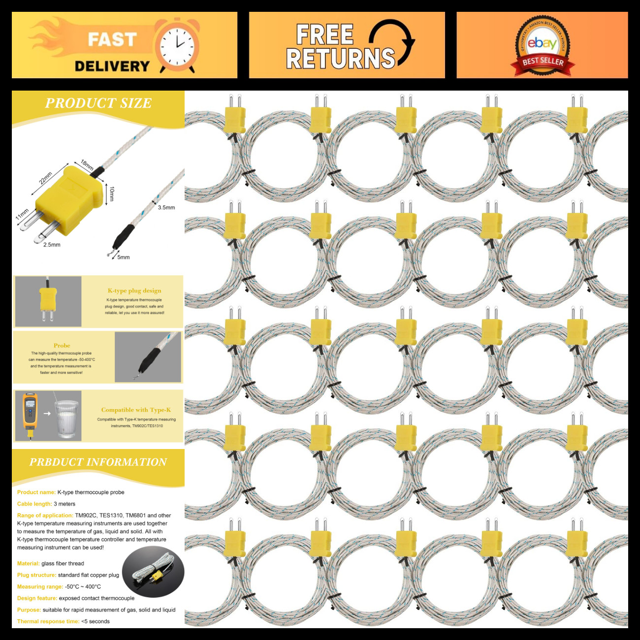 30 Pcs K Type Mini Thermocouple Probes 3M Temperature Sensors -50 to 400°C