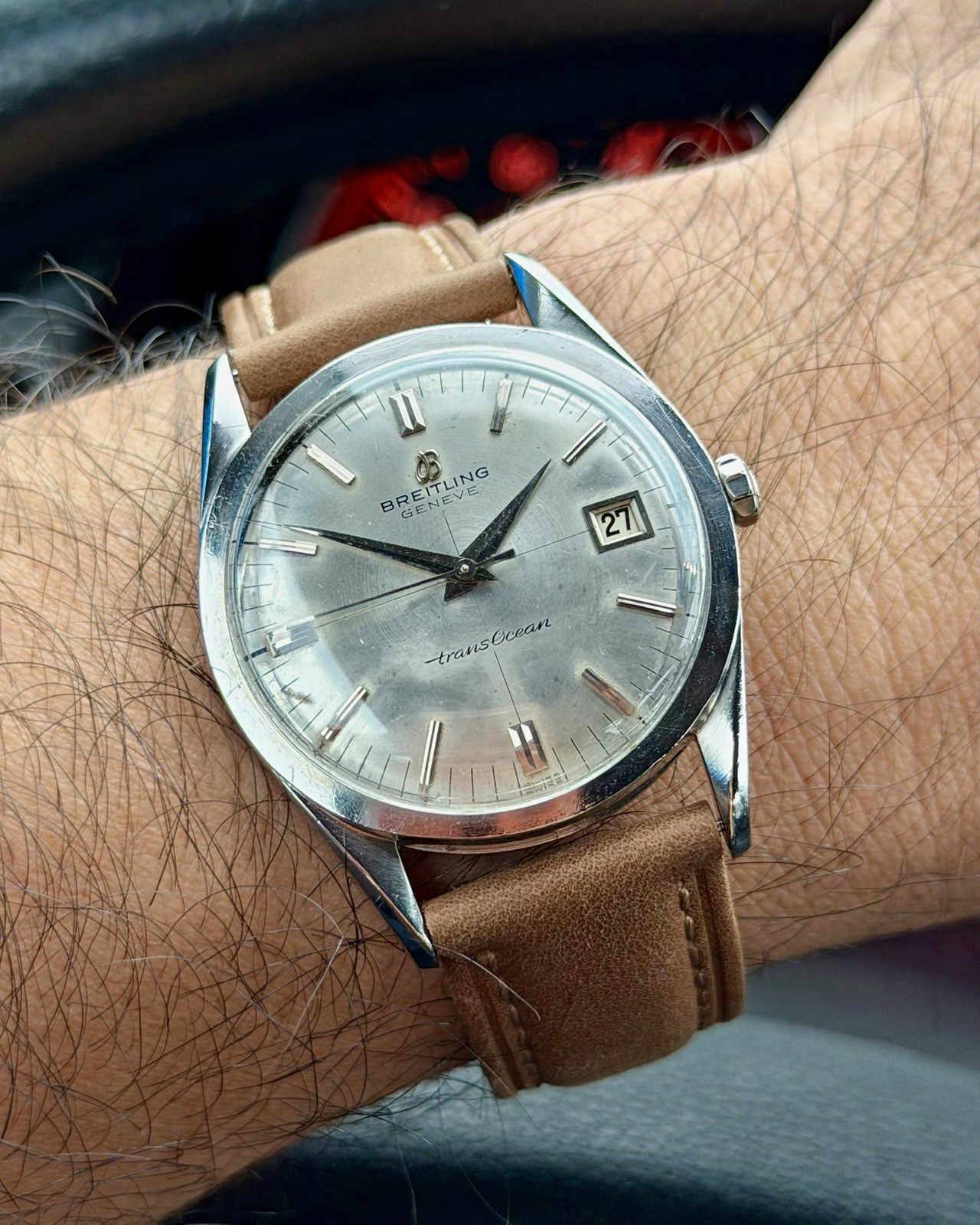 1950s Vintage Breitling Geneve TransOcean Automatic Date Silver Dial Swiss
