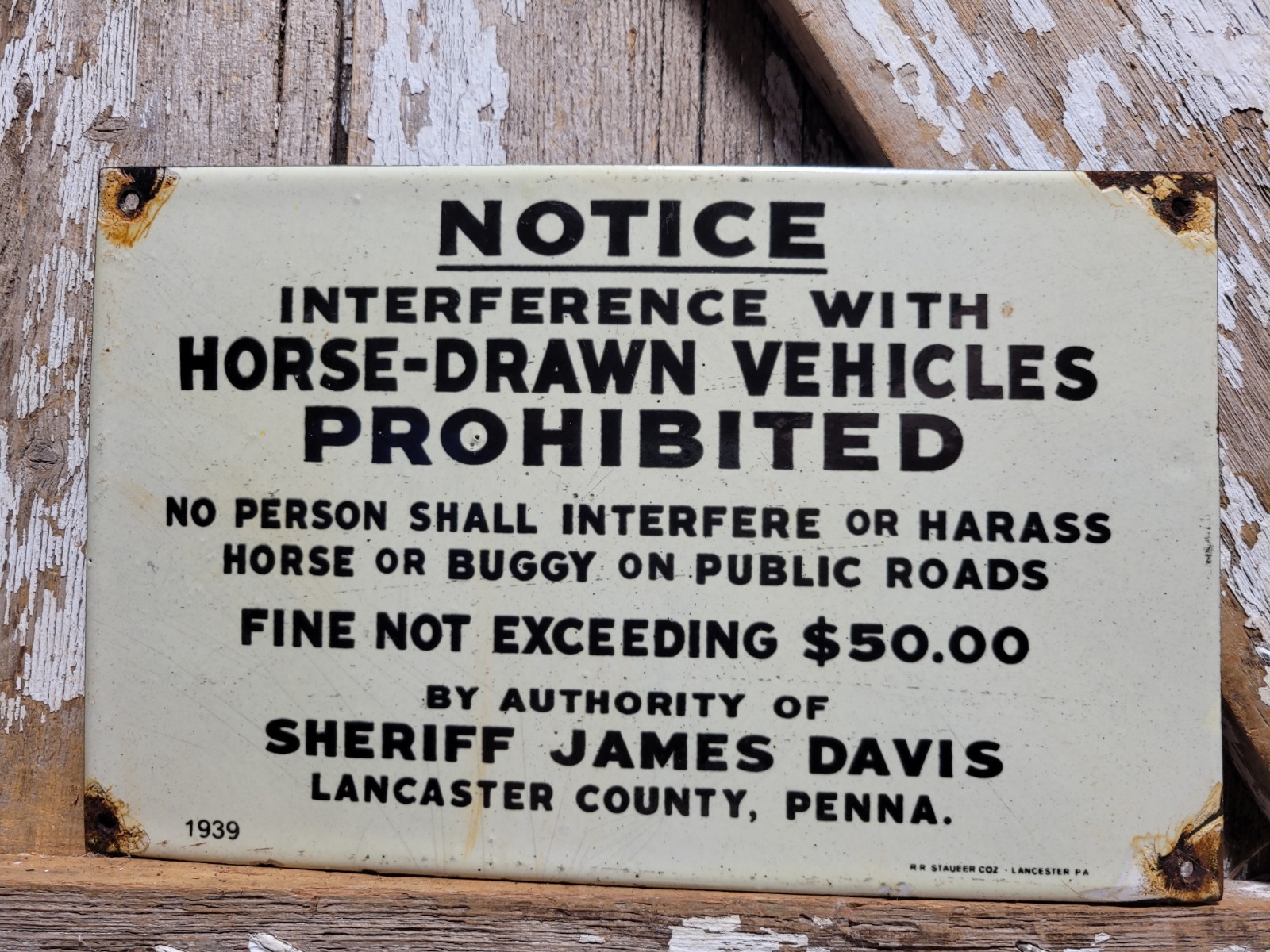VINTAGE AMISH PORCELAIN SIGN RARE OLD 1939 LANCASTER PA SHERIFF HORSE CARRIAGE