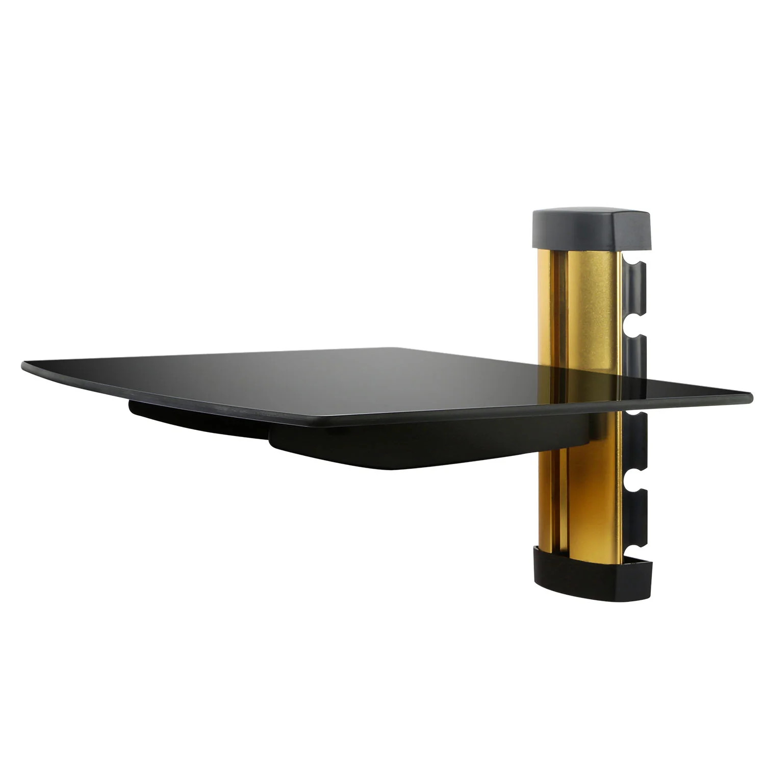 Floating Wall Mounted Tempered Glass Shelf for DVD Cable Box Gold 14 X 10 In Floating Wall Mounted Tempered Glass Shelf for DVD Cable Box Gold 14 X 10 In
