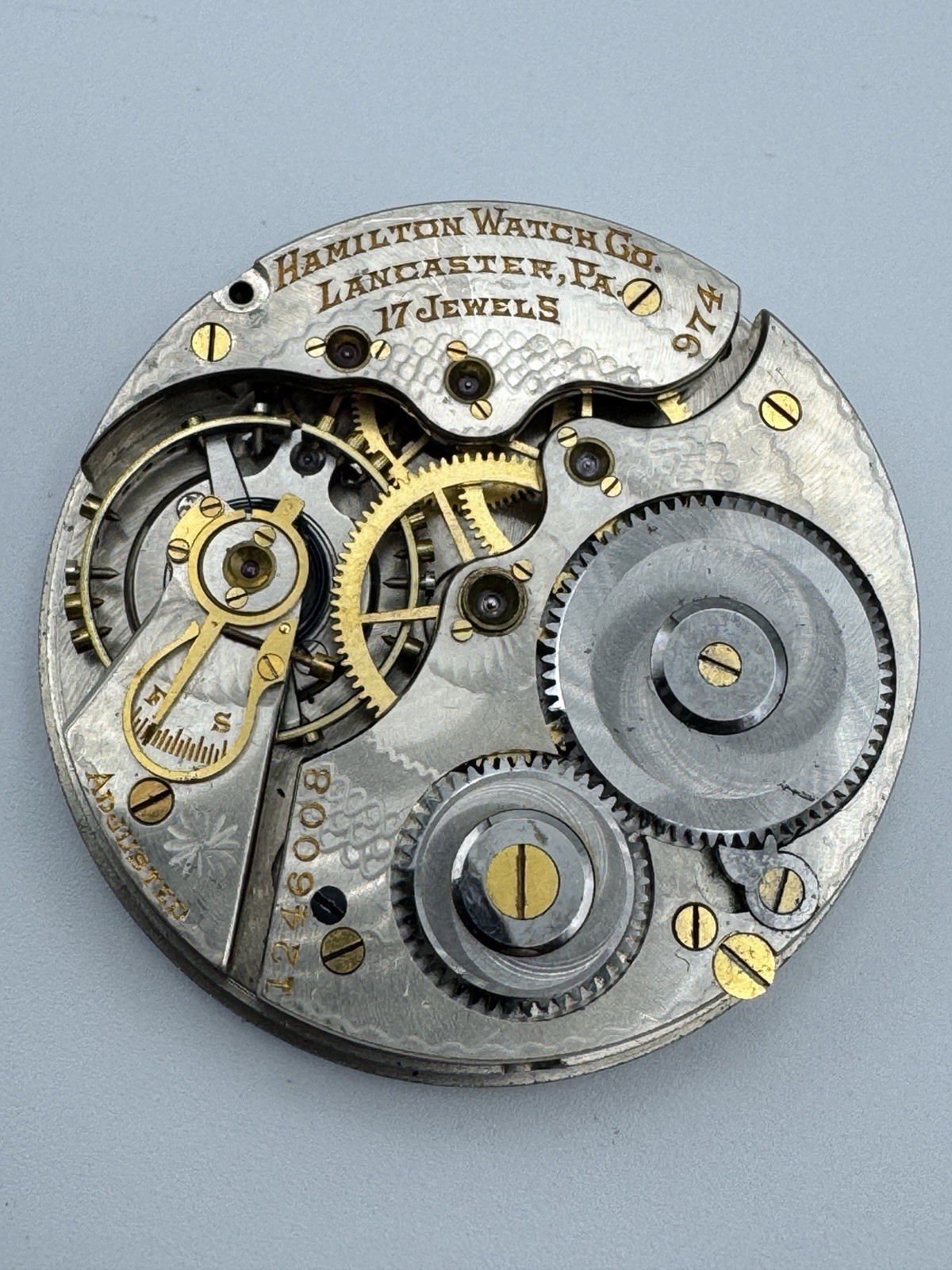 Vintage Hamilton 974 16s 17J Pocket Watch Movement For Parts Or Repair 