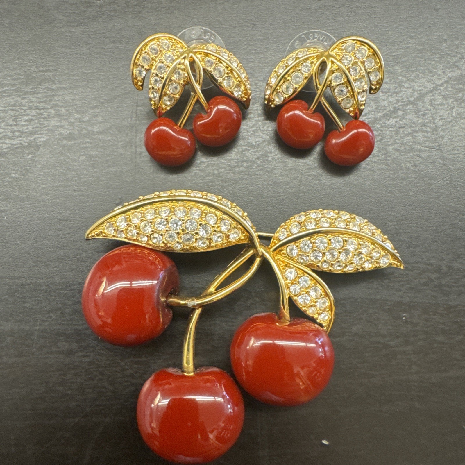 Vintage 1990\'s Joan Rivers Gold Tone Cherry Rhinestone Earrings &Matching Brooch Vintage 1990\'s Joan Rivers Gold Tone Cherry Rhinestone Earrings &Matching Brooch