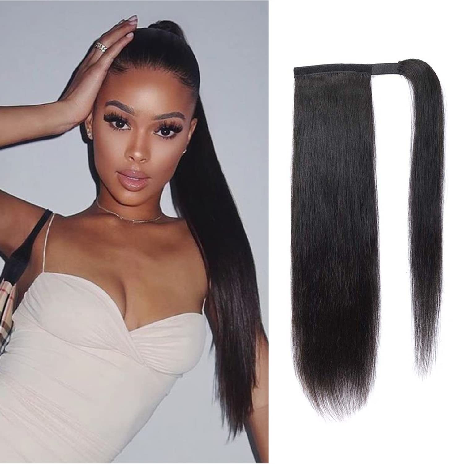 Seelaak 20 Inch Long Straight Human Hair Ponytail Clip In Extensions, 100% Seelaak 20 Inch Long Straight Human Hair Ponytail Clip In Extensions, 100%