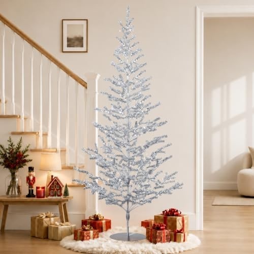 6ft Tinsel Christmas Tree, Retro Aluminum Christmas Tree, Silver 6ft Tinsel Christmas Tree, Retro Aluminum Christmas Tree, Silver