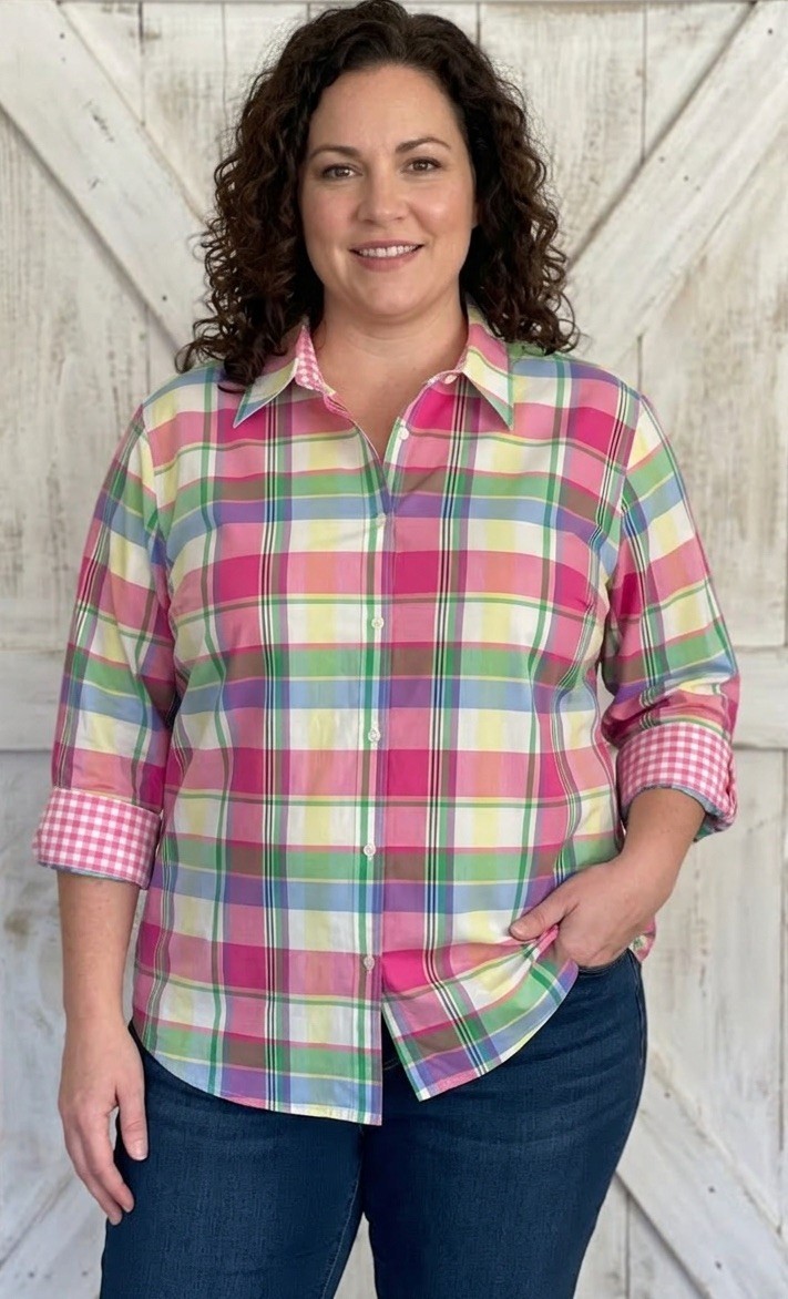 Chaps Ralph Lauren Women’s No Iron Plaid Pink Green 3/4 Sleeves Plus Size 2X Chaps Ralph Lauren Women’s No Iron Plaid Pink Green 3/4 Sleeves Plus Size 2X