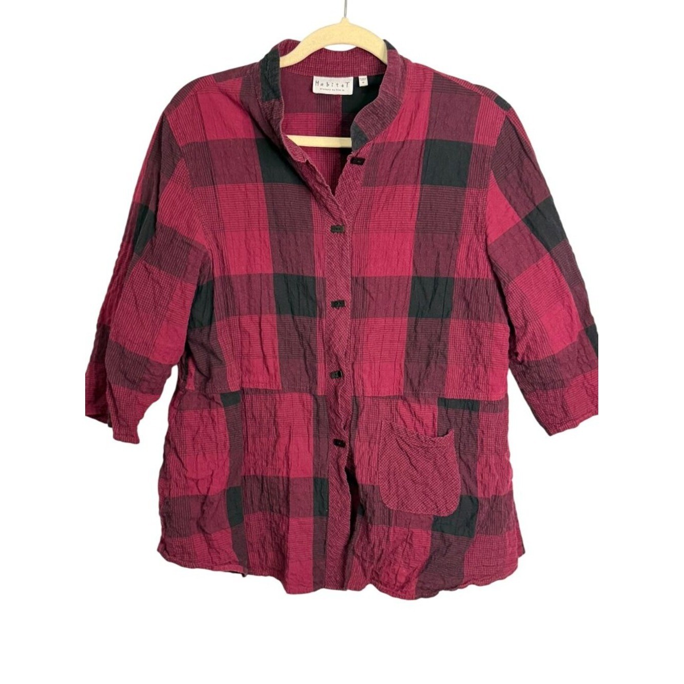 Habitat Blouse Women\'s Medium Plaid Crinkle Cottagecore Lagenlook Black Red Habitat Blouse Women\'s Medium Plaid Crinkle Cottagecore Lagenlook Black Red
