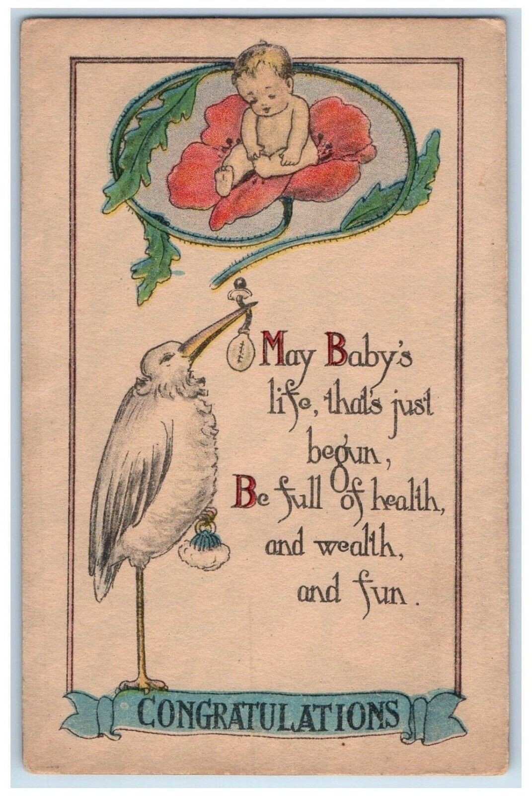 c1910's Congratulations Stork Pacifier Baby Sat On Flower Antique Postcard c1910's Congratulations Stork Pacifier Baby Sat On Flower Antique Postcard