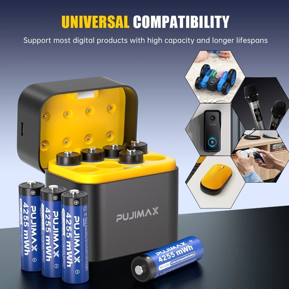 8 Pack 1.5v AA 4255mWh Rechargeable Lithium Battery with USB-C Smart Charger