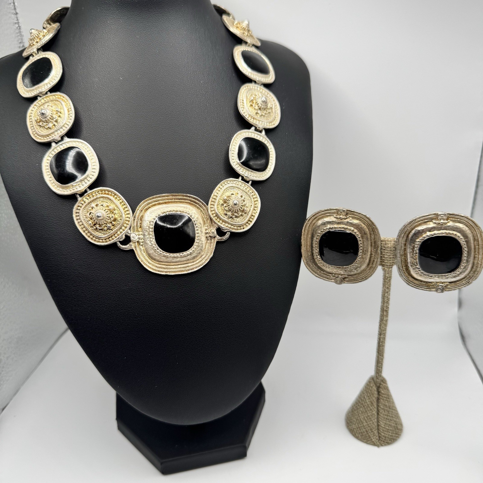 VTG Byzantine Etruscan Revival Antiqued Silver Tone Necklace & Earring Set 17” VTG Byzantine Etruscan Revival Antiqued Silver Tone Necklace & Earring Set 17”