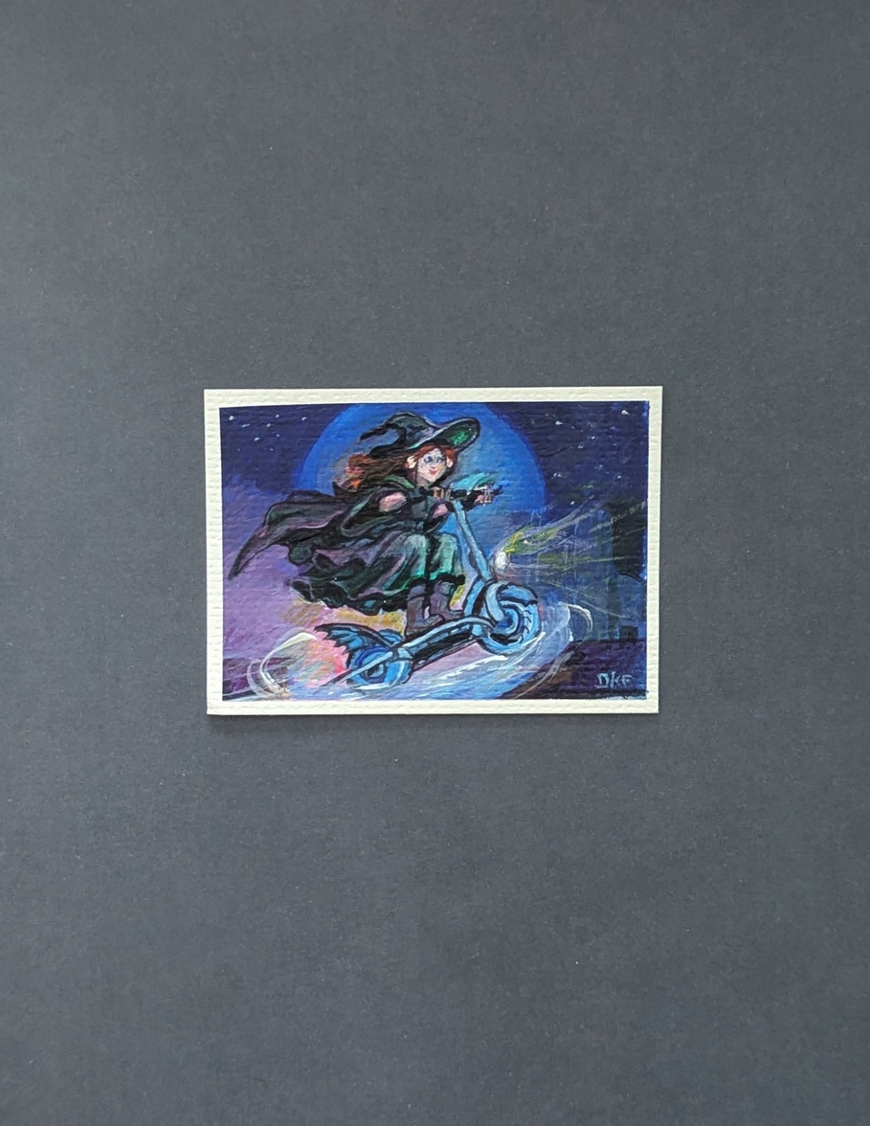 Halloween original aceo modern witch on scooter