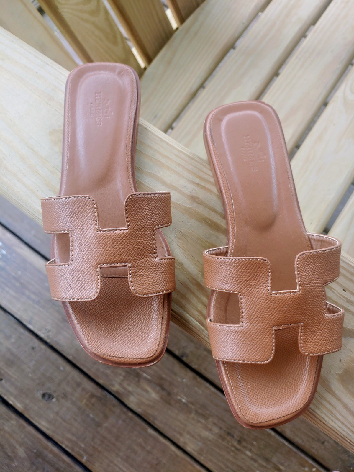 HERMES Oran EXCELLENT Brown Logo Slide Sandals Leather Women\'s Size 6.5 Slip On HERMES Oran EXCELLENT Brown Logo Slide Sandals Leather Women\'s Size 6.5 Slip On