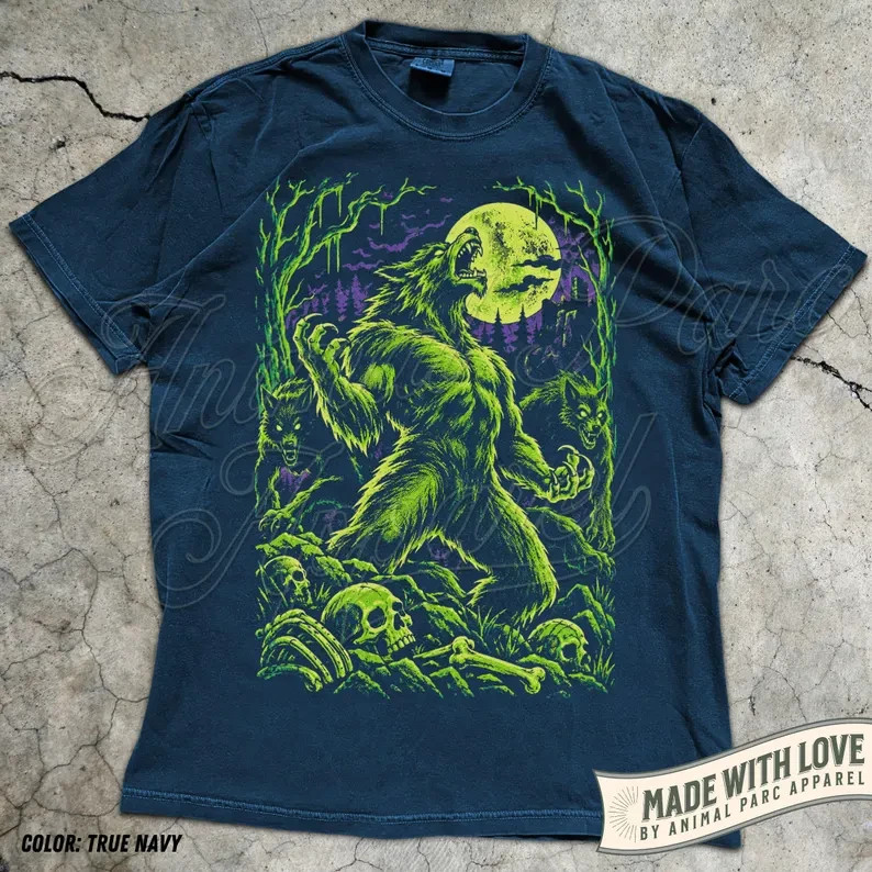 Vintage Werewolf Comic Style Tee, Full Moon Howling Wolf T-Shirt, Gothic Horror