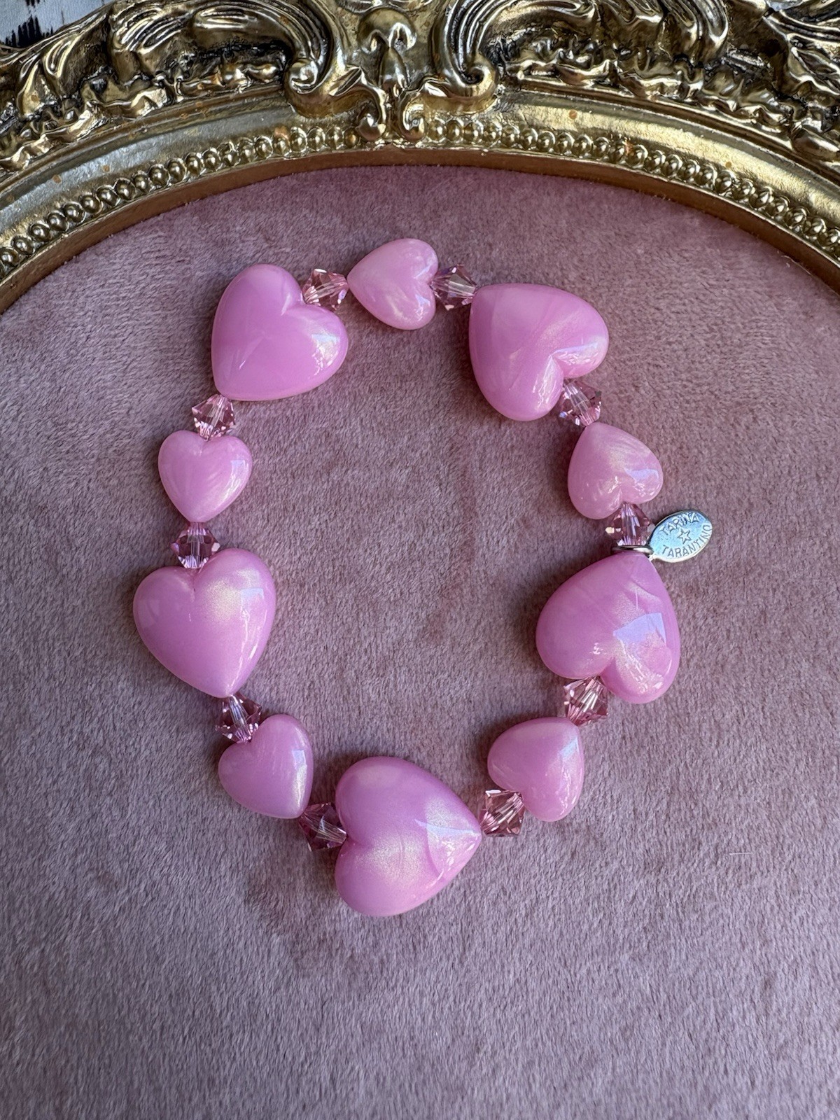 Tarina Tarantino Vintage Pink Metallic Puff Heart Lucite Swarovski Bracelet