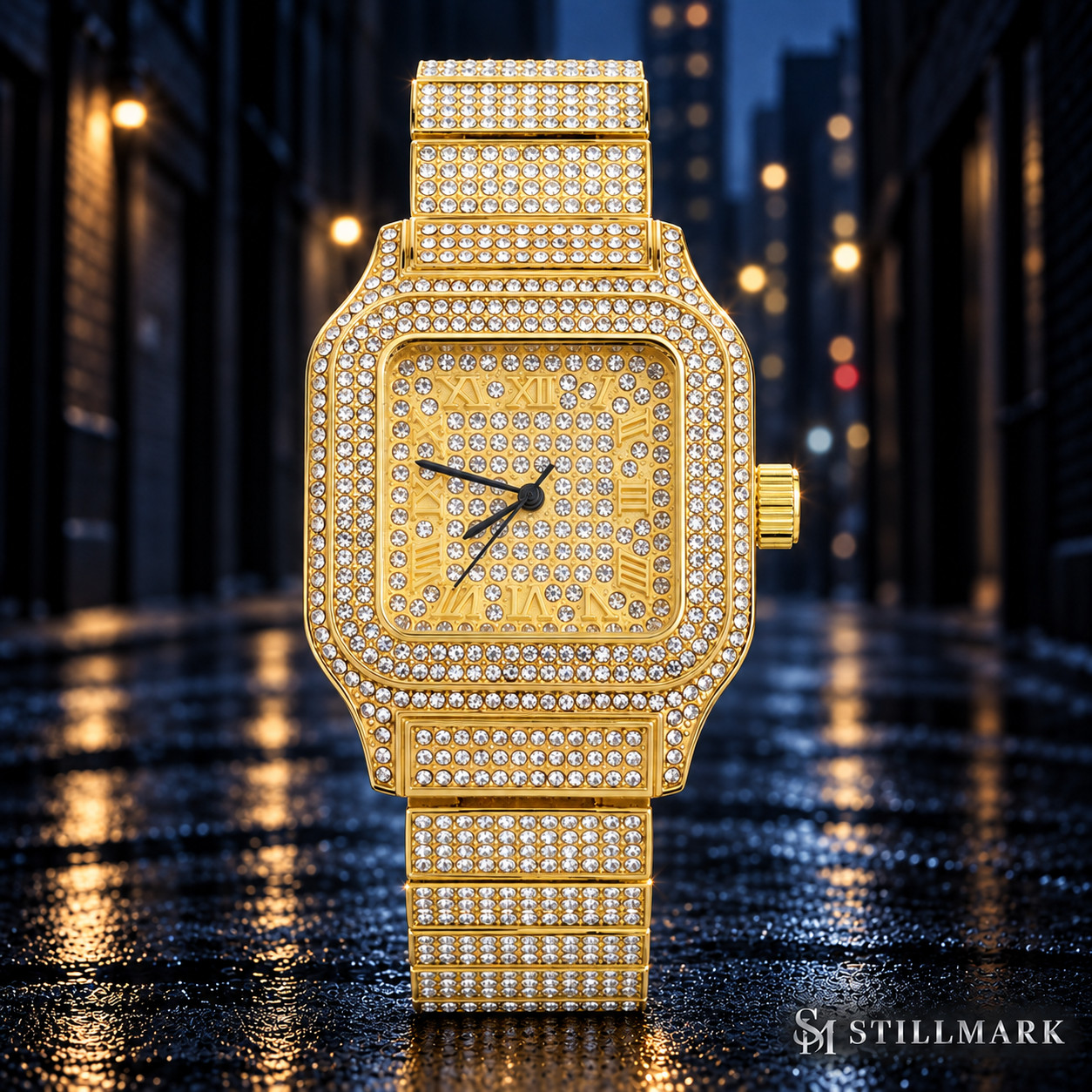 Mens Gold Plated Bust Down Iced Out Square Metal Band Watch Luxury Hip Hop Bling