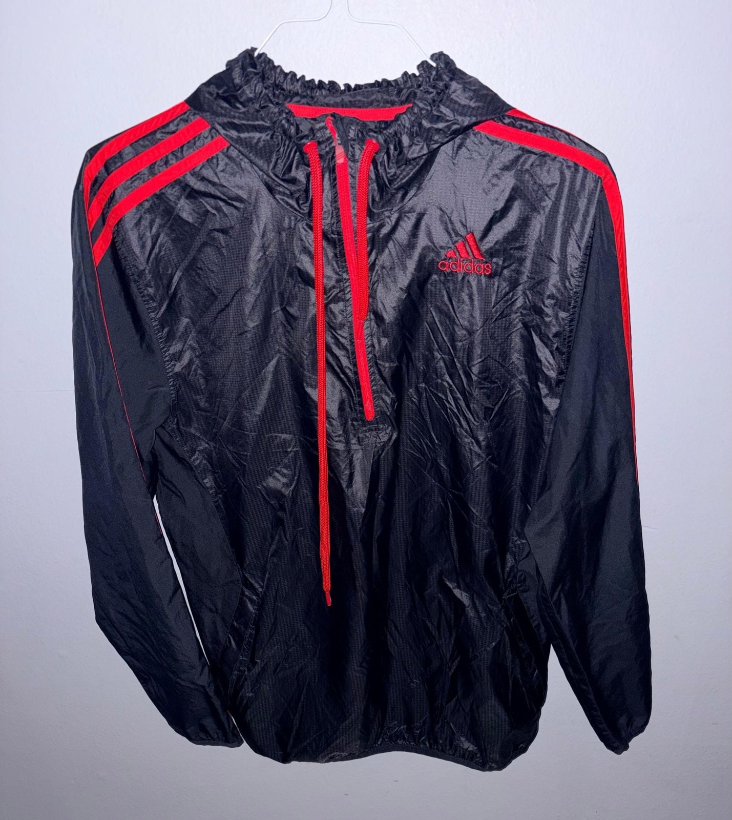 Adidas Windbreaker Jacket Black Red Hooded Pullover