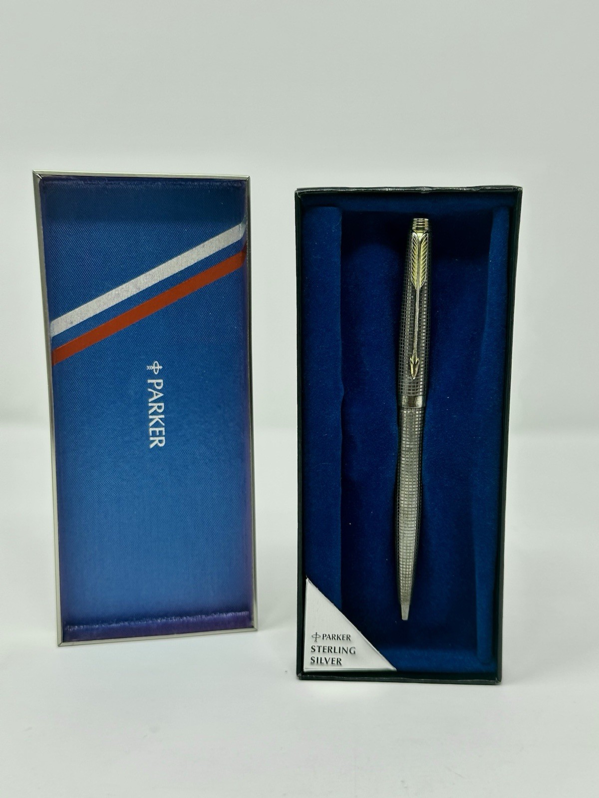 Vintage Parker 75 Cisele Sterling Silver Ballpoint Pen USA Gold Trim Boxed