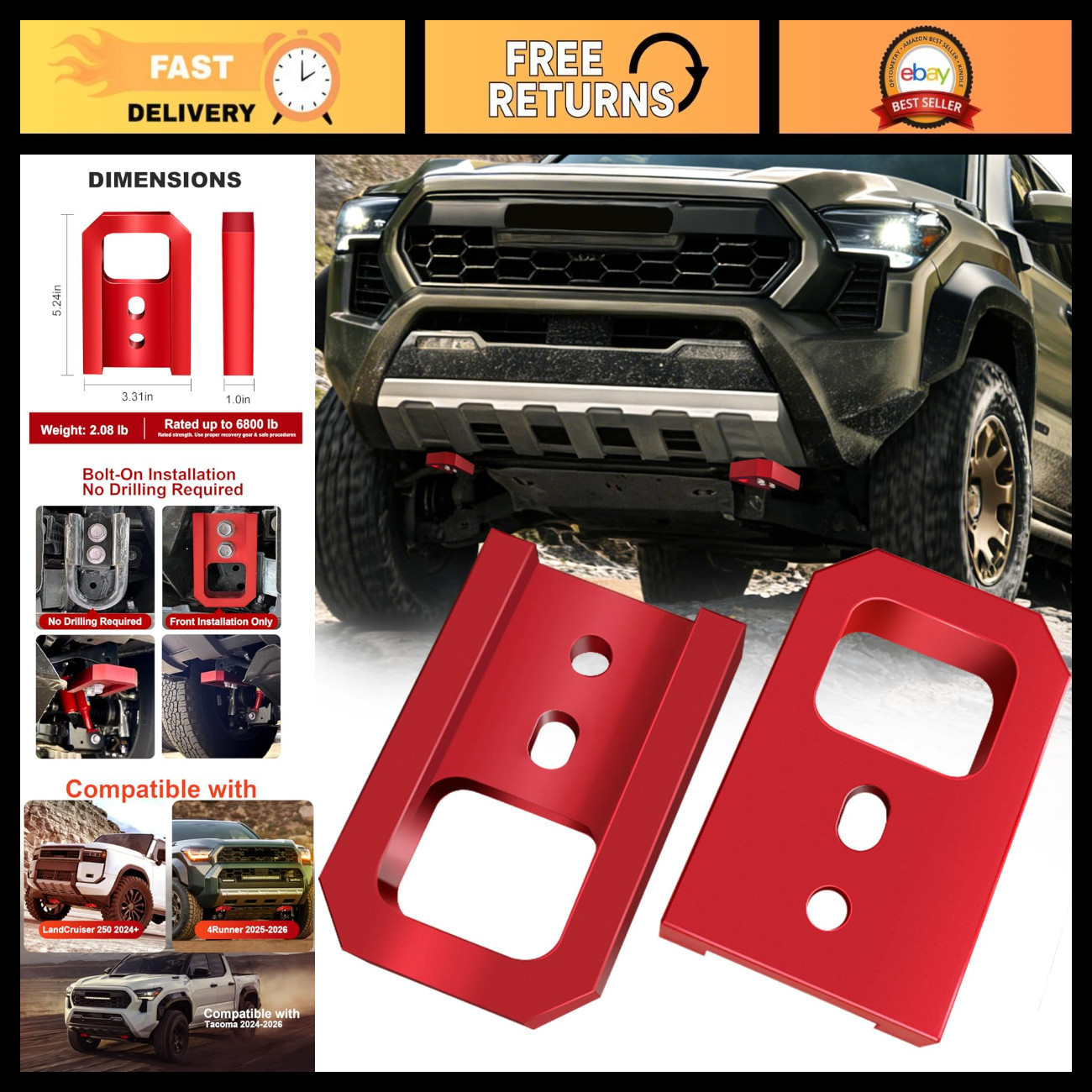 Red T6061 Aluminum Front Tow Hooks - 2 Pack, Bolt-On Recovery for Tacoma 2024-20 Red T6061 Aluminum Front Tow Hooks - 2 Pack, Bolt-On Recovery for Tacoma 2024-20
