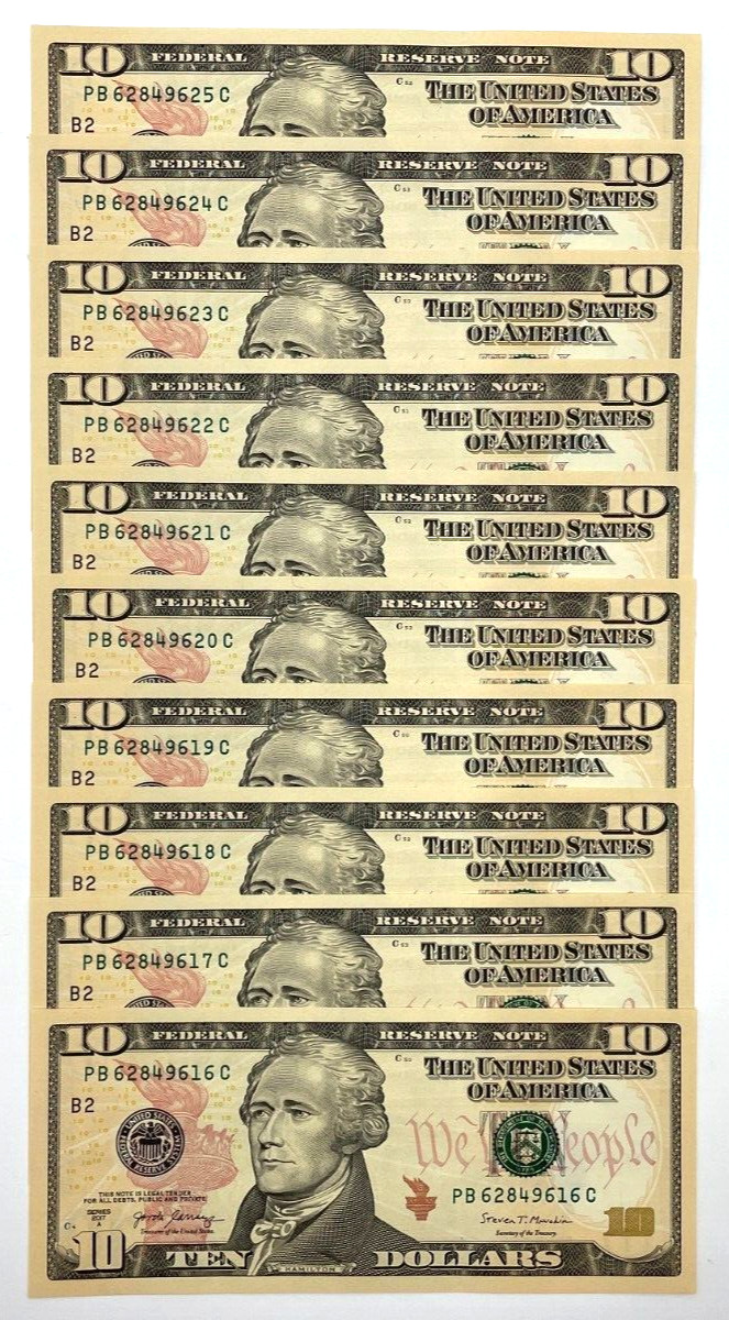 NEW  SERIES 2017A $10 Uncirculated TEN Dollar Bills  Sequential Notes  LOT of 10