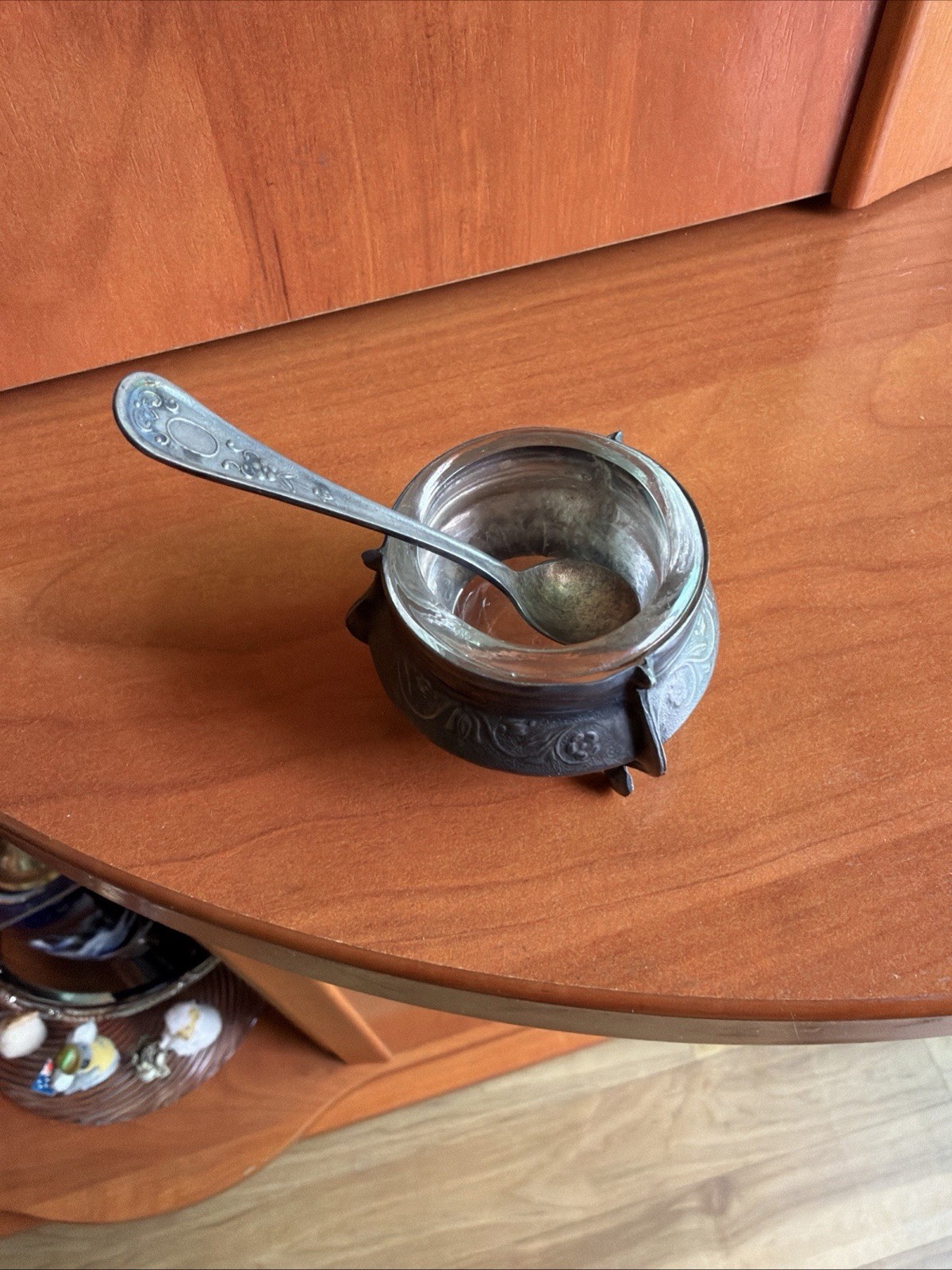 Vintage Soviet USSR Salt Cellar Glass Insert Spoon Mstera Metal Stamp Vintage Soviet USSR Salt Cellar Glass Insert Spoon Mstera Metal Stamp