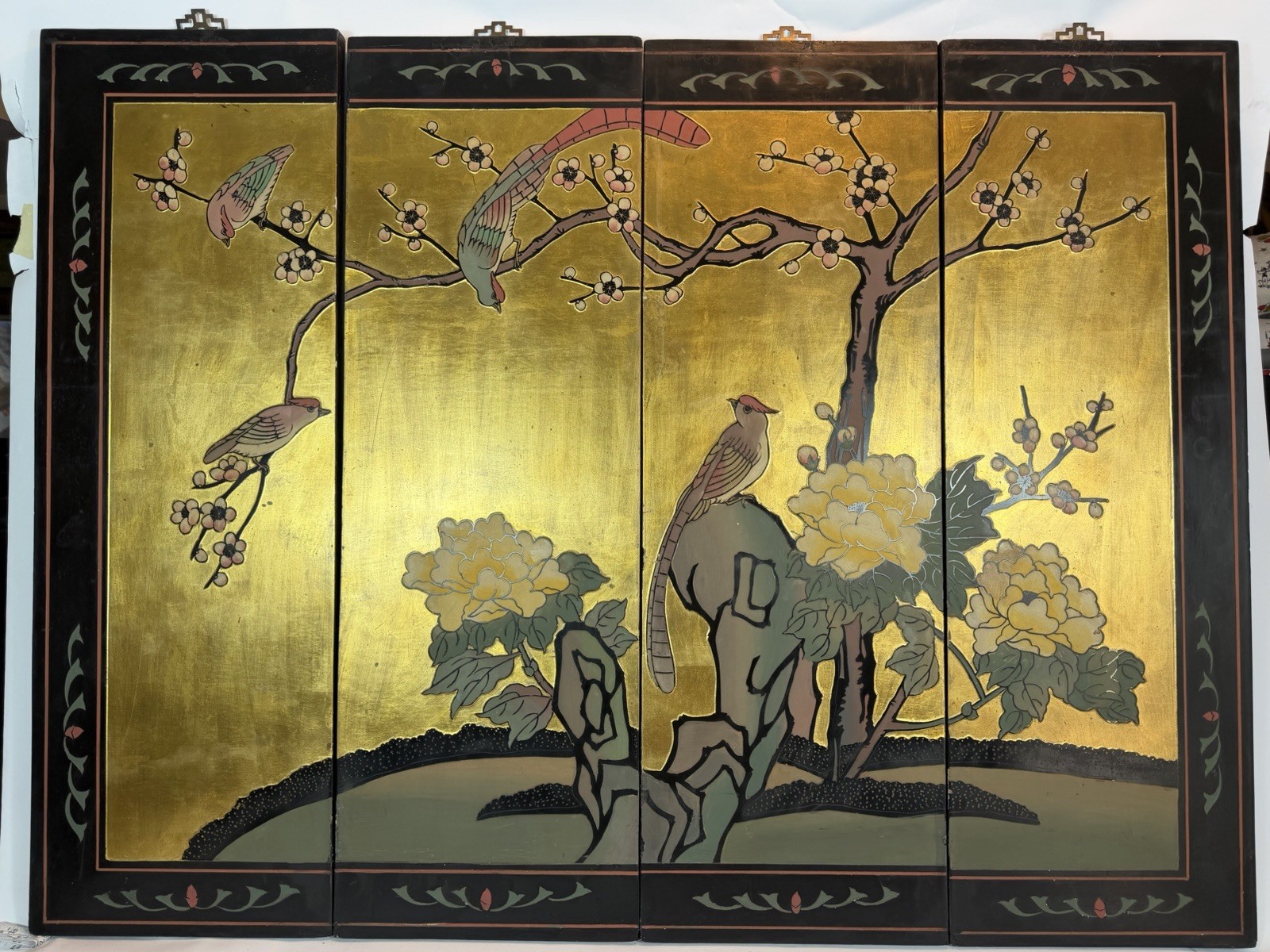 Vintage Japanese 4 Panel Wall Art Gold Birds Flowers Hand Painted Chinoiserie