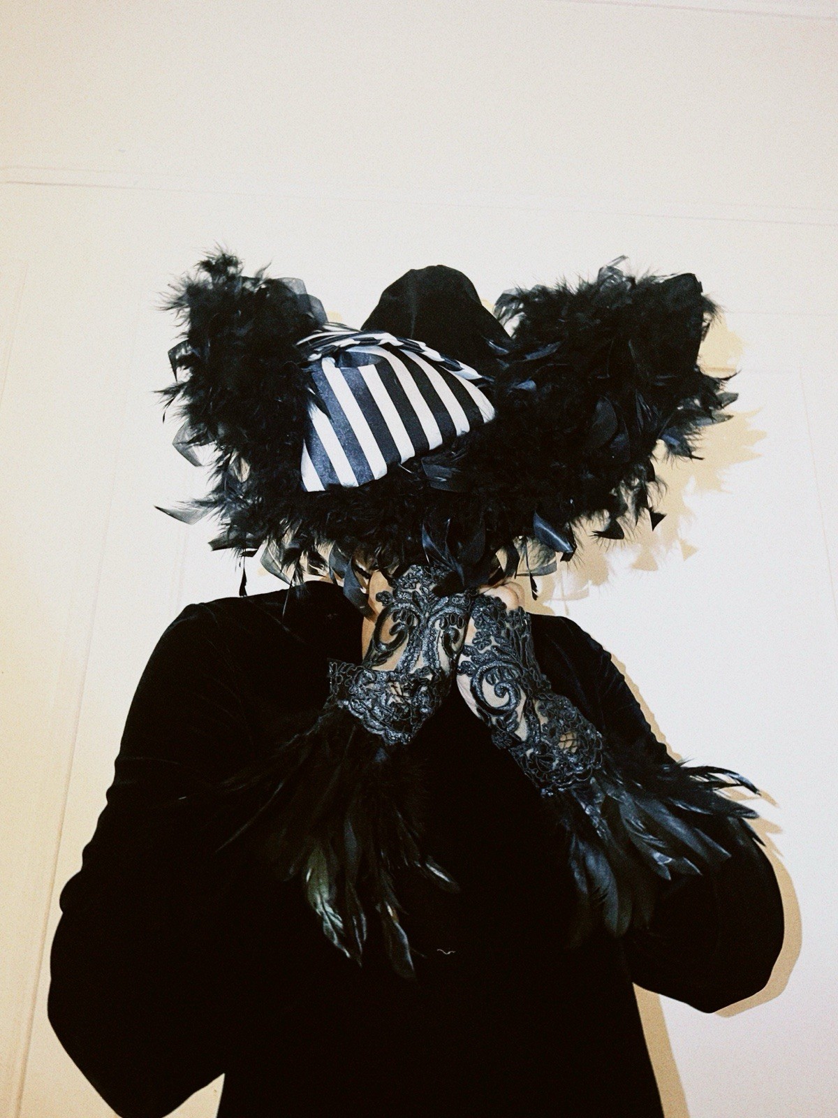Victorian Gothic Feather Hat, Black & White Striped Statement Headpiece 