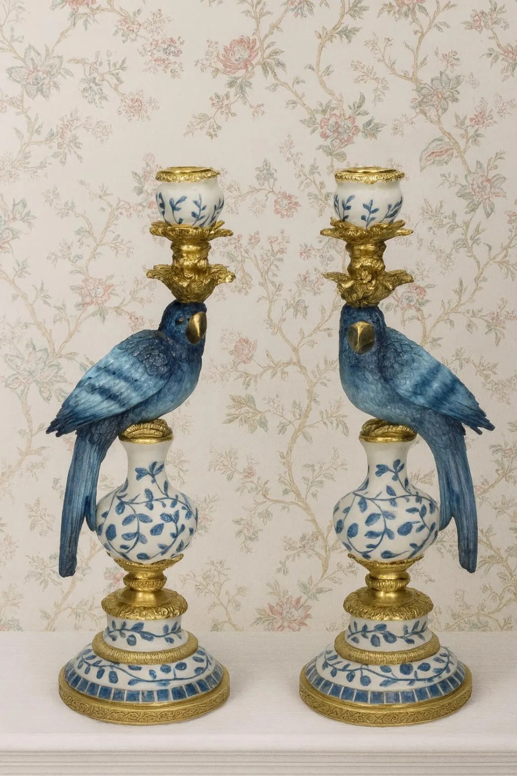 (Pair) Blue White Parrot Candle Holder Hollywood Regency Bird Decor Set 40cm