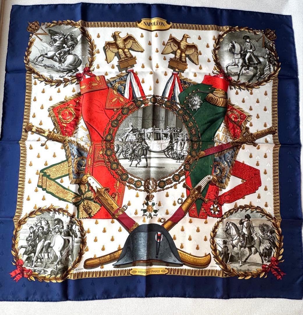 Hermes Carre 90 NAPOLEON Silk Scarf Blue White Orange excellent Hermes Carre 90 NAPOLEON Silk Scarf Blue White Orange excellent