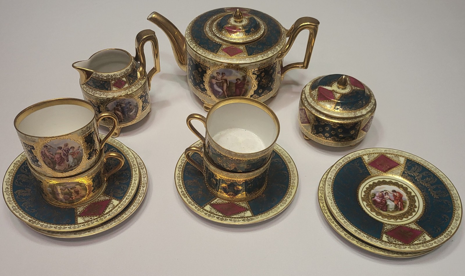 Antique Hand-painted Gilded Porcelain Royal Vienna Tea Set Antique Hand-painted Gilded Porcelain Royal Vienna Tea Set
