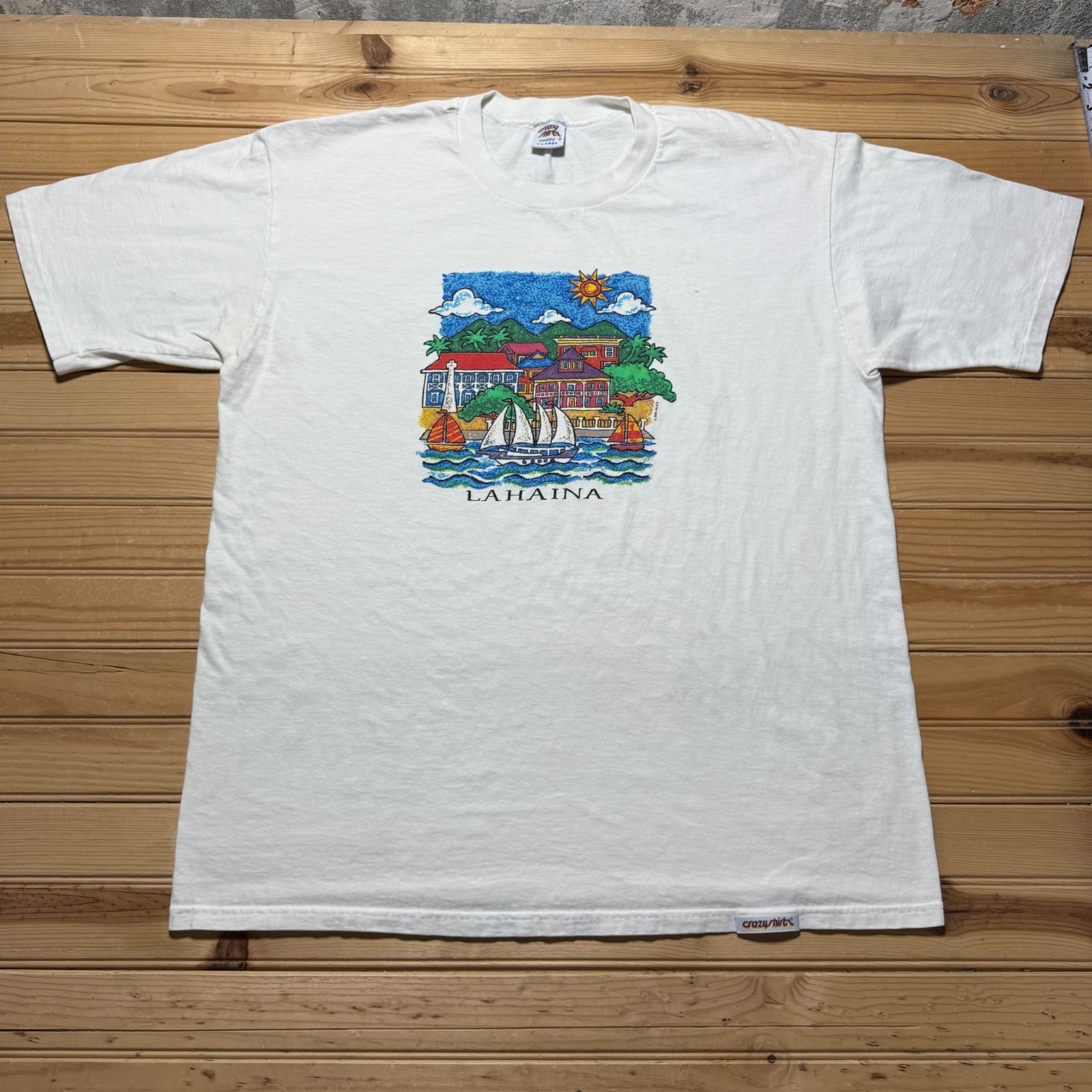 Vintage 90s Crazy Shirts Lahaina Hawaii Sailboat Maui Beach Graphic T-Shirt - XL