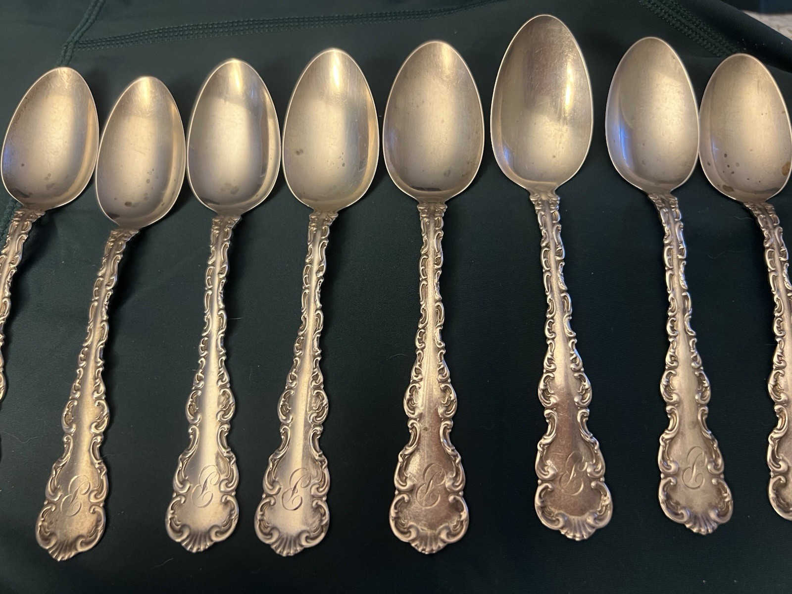 Antique 1891 Whiting Louis XV Sterling Silver Teaspoons Set of 8 Monogram