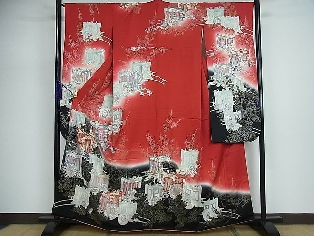 Vintage Japanese Red Silk Furisode Kimono, Imperial Ox Carts, Chrysanthemum & Pl