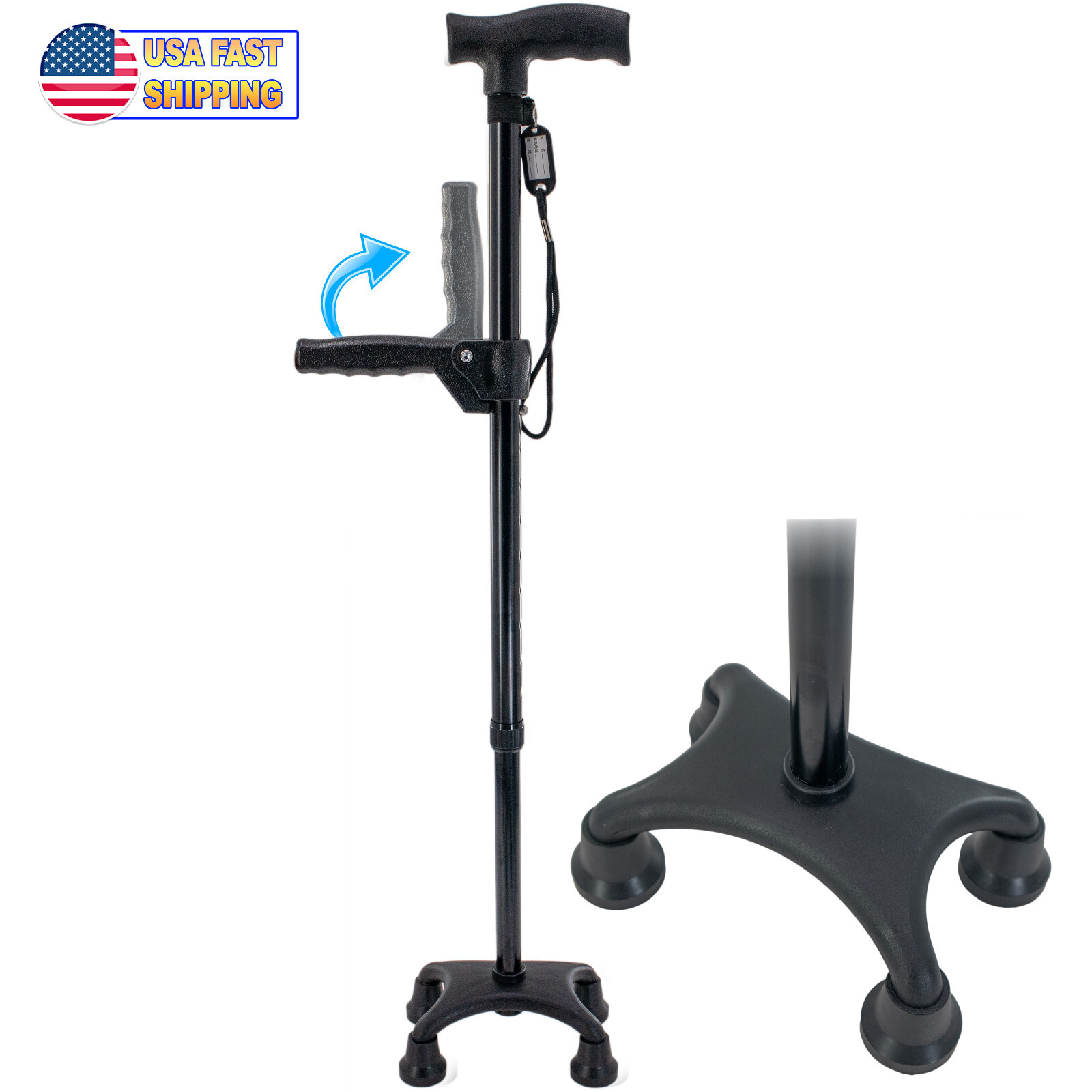 Walking Stick Cane Quad Four Prong Base, Adjustable Dual Handle, Self Standing