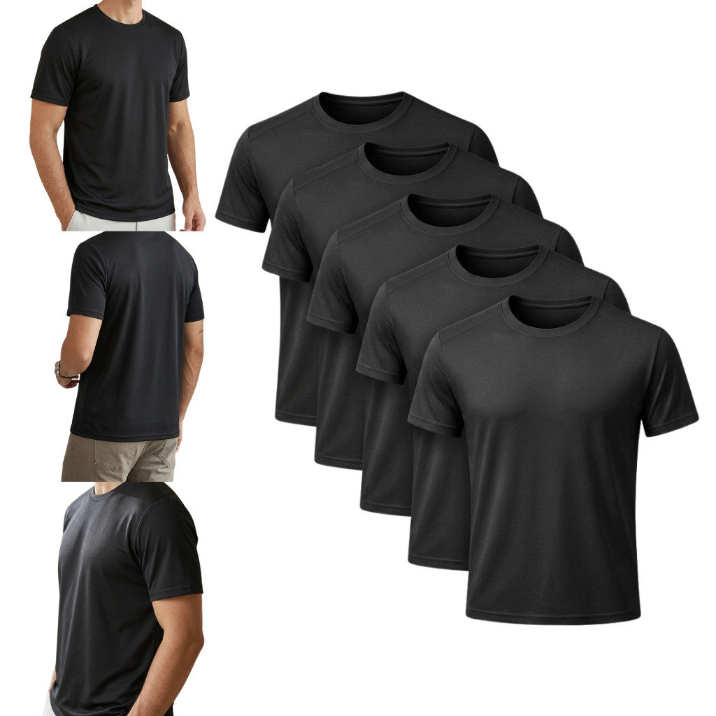 5Pcs Men Black T‑Shirts, Short Sleeve Solid Tops for Daily Casual Outdoor Use