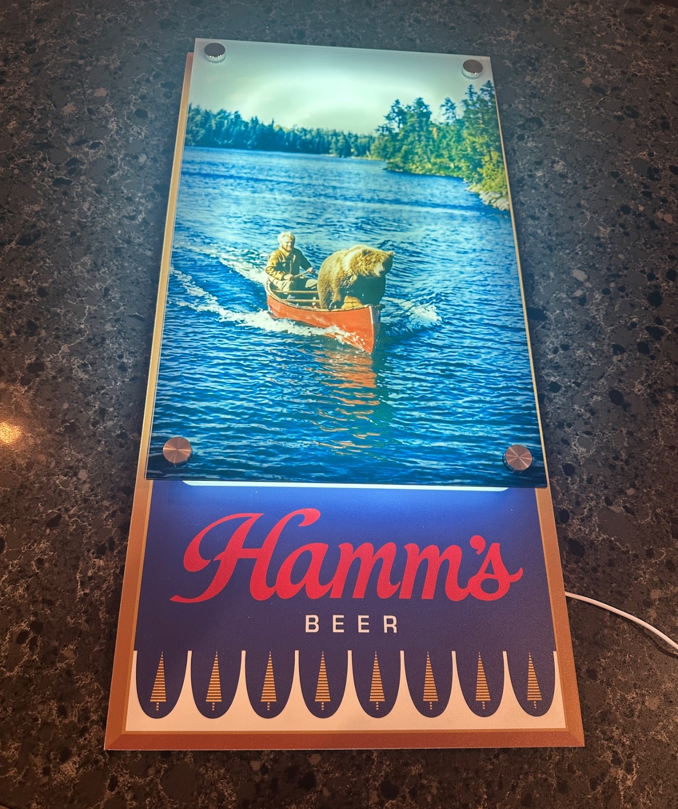 Hamm’s Beer Sign custom created with bear and guy in canoe