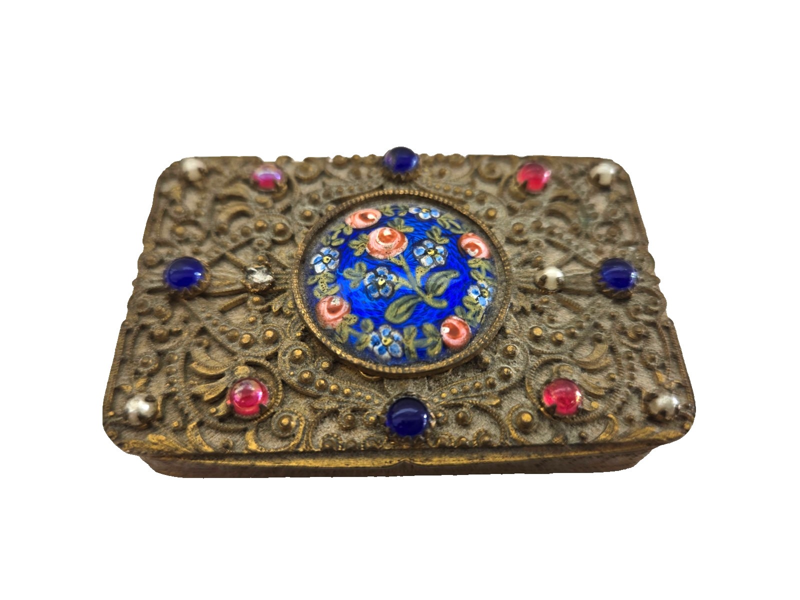 Antique French Jeweled Enamel Mirrored Patch Pastille Box MADE IN FRANCE