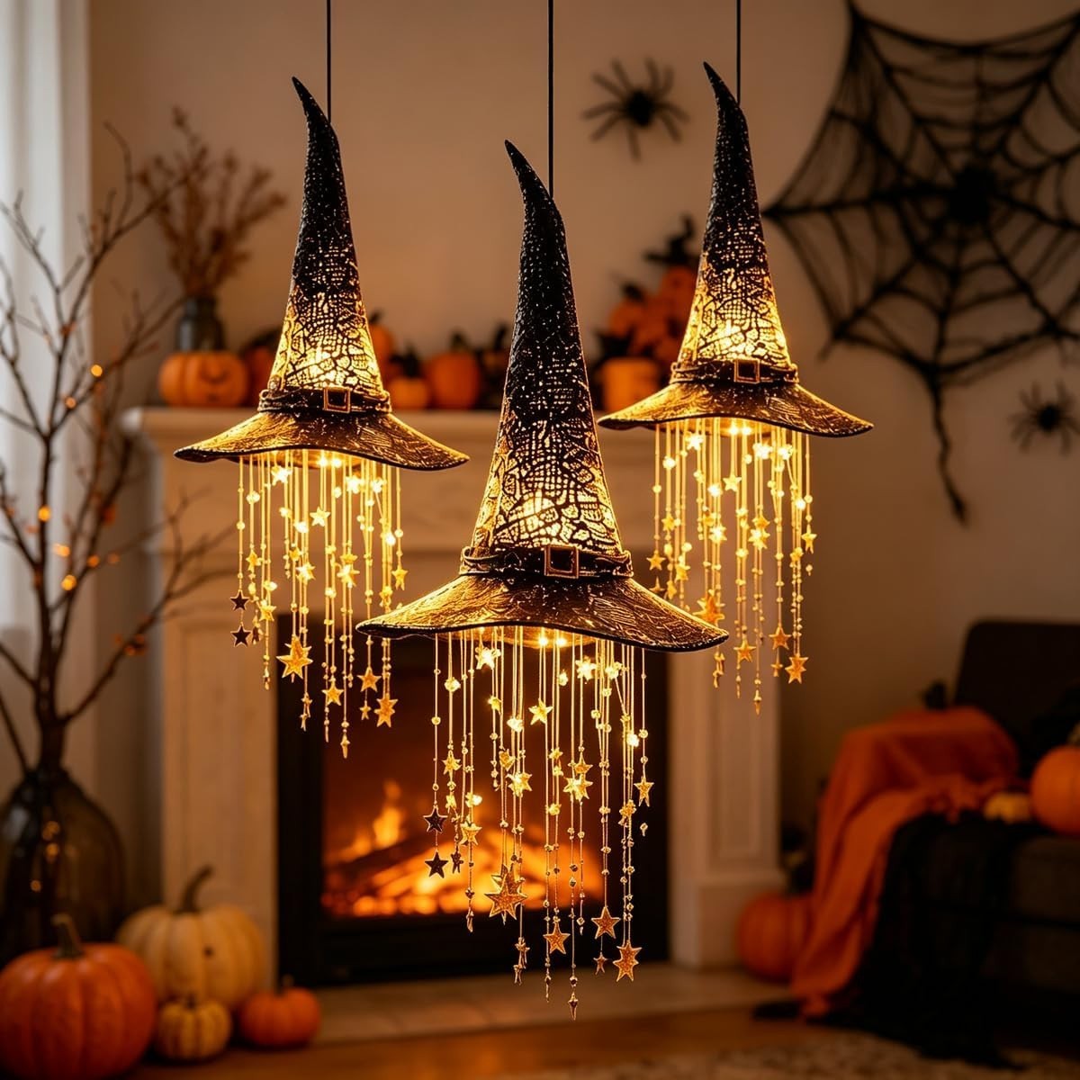Lighted Witch Hat Hanging Chime Halloween Outdoor Glowing Mesh Decor