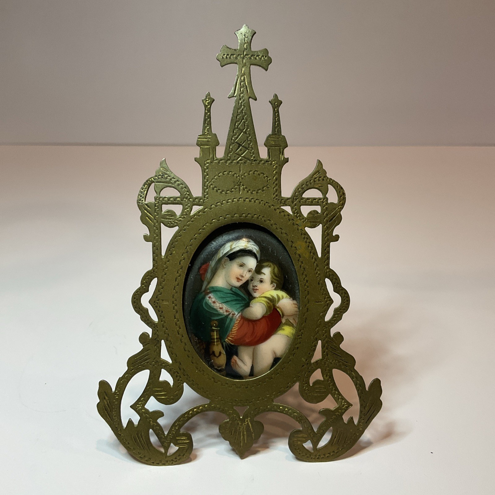 Antique French Religious Ormolu Gothic Frame Madonna & Child Miniature Portrait