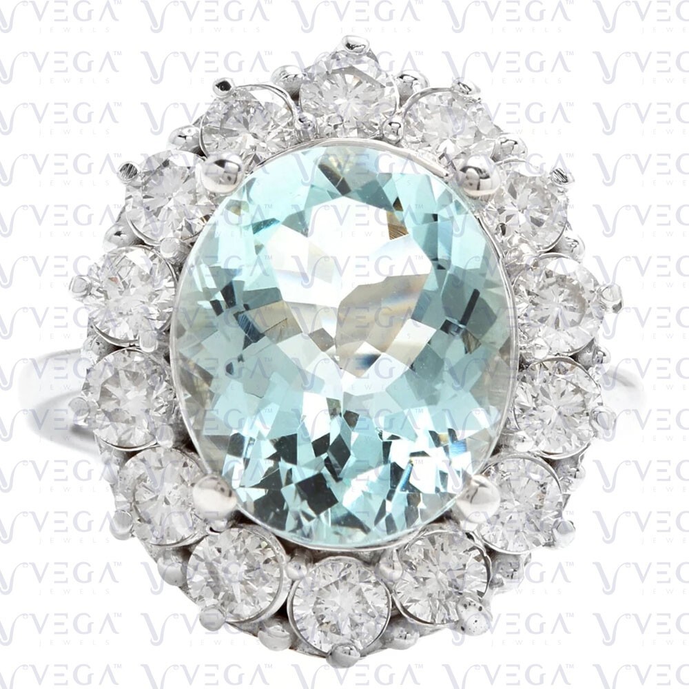 8.99Ct Oval Cut Natural Aquamarine & Diamond Real 14k SOLID White Gold Ring