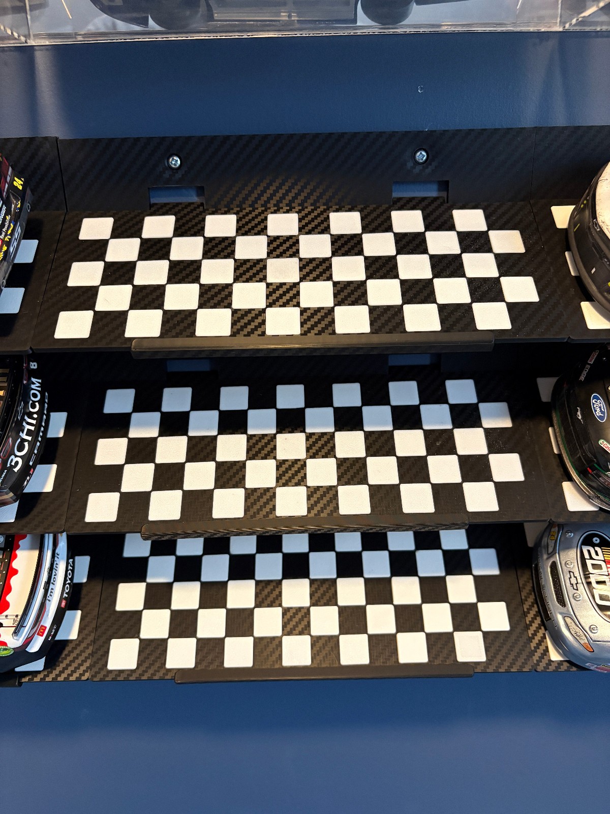1:24 NASCAR die-cast Wall Mounted, Vertical 3-Tier, Checkered Carbon Fiber