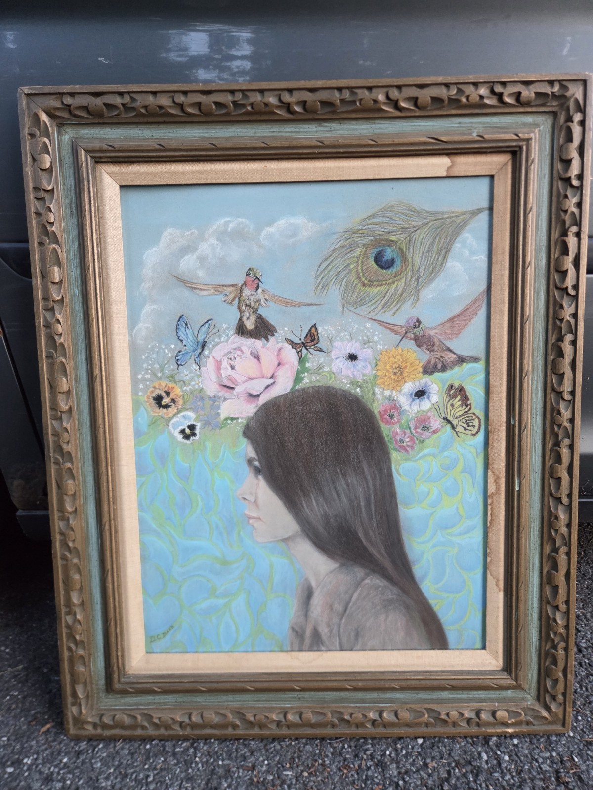 Vintage 1960s Original Flower Girl W/ Hummingbirds Art Drawing Vintage 1960s Original Flower Girl W/ Hummingbirds Art Drawing