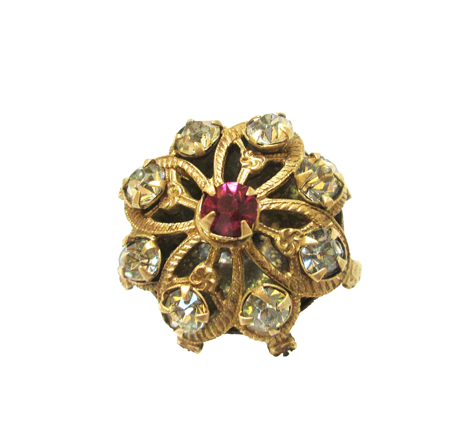Antique Hatpin Red and Clear Rhinestone Flower