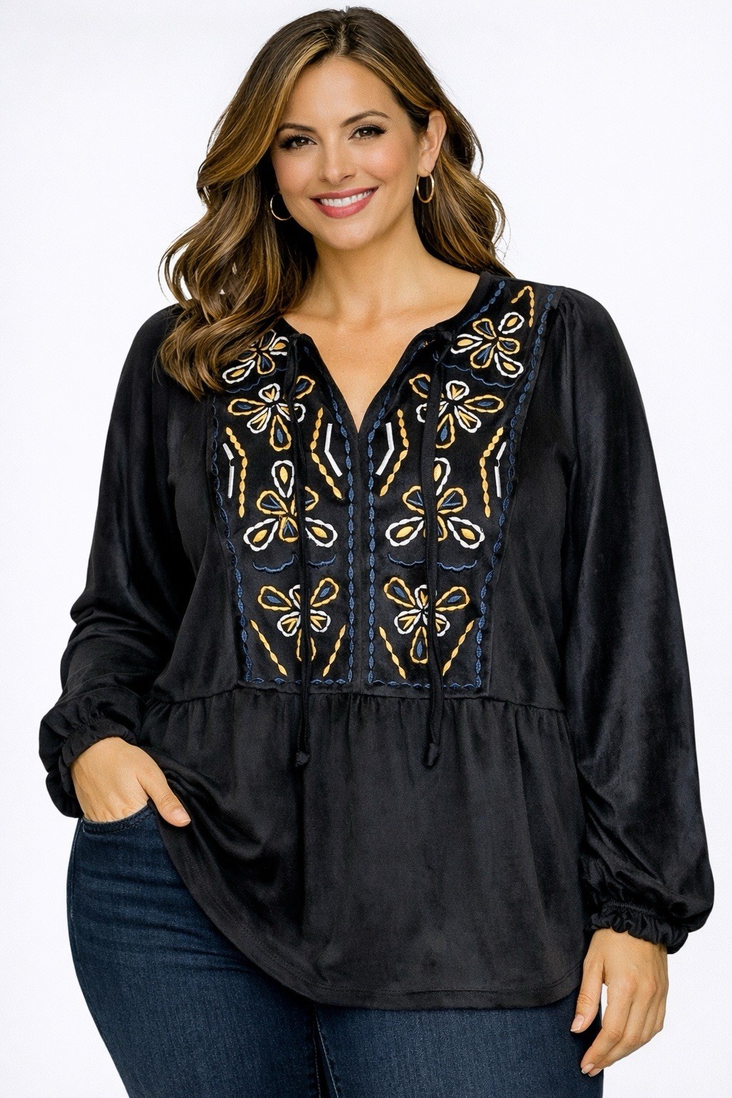 Bobeau Black Blouse Floral Embroidered Top Peasant Tunic Size 1X New NWT