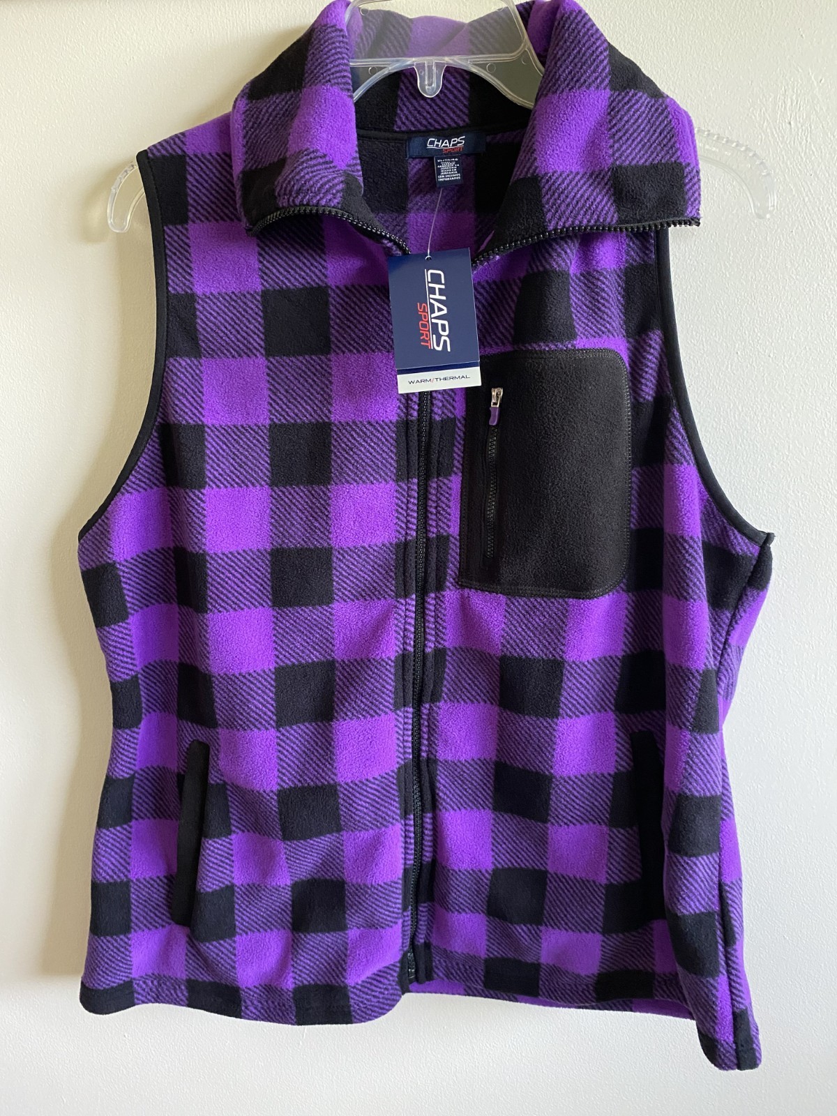 Chaps Sport Women’s NWT Fleece Vest Full Zip Purple and Black checkered XL