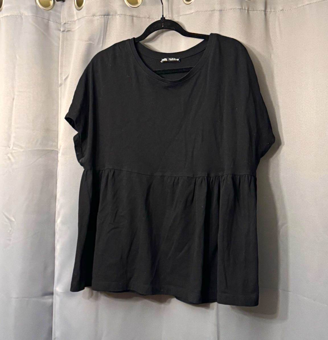 Zara Women\'s Black Cotton Knit Peplum Short Sleeve Top L
