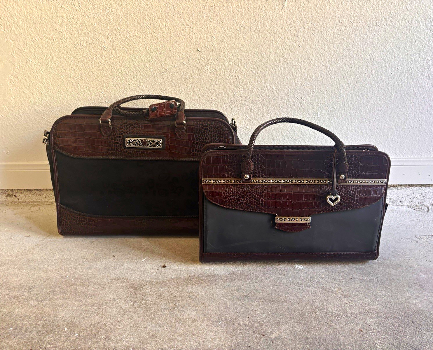 Brighton Croc Embossed Leather Satchel Top Handle Zip Brown/Black Silver Brighton Croc Embossed Leather Satchel Top Handle Zip Brown/Black Silver